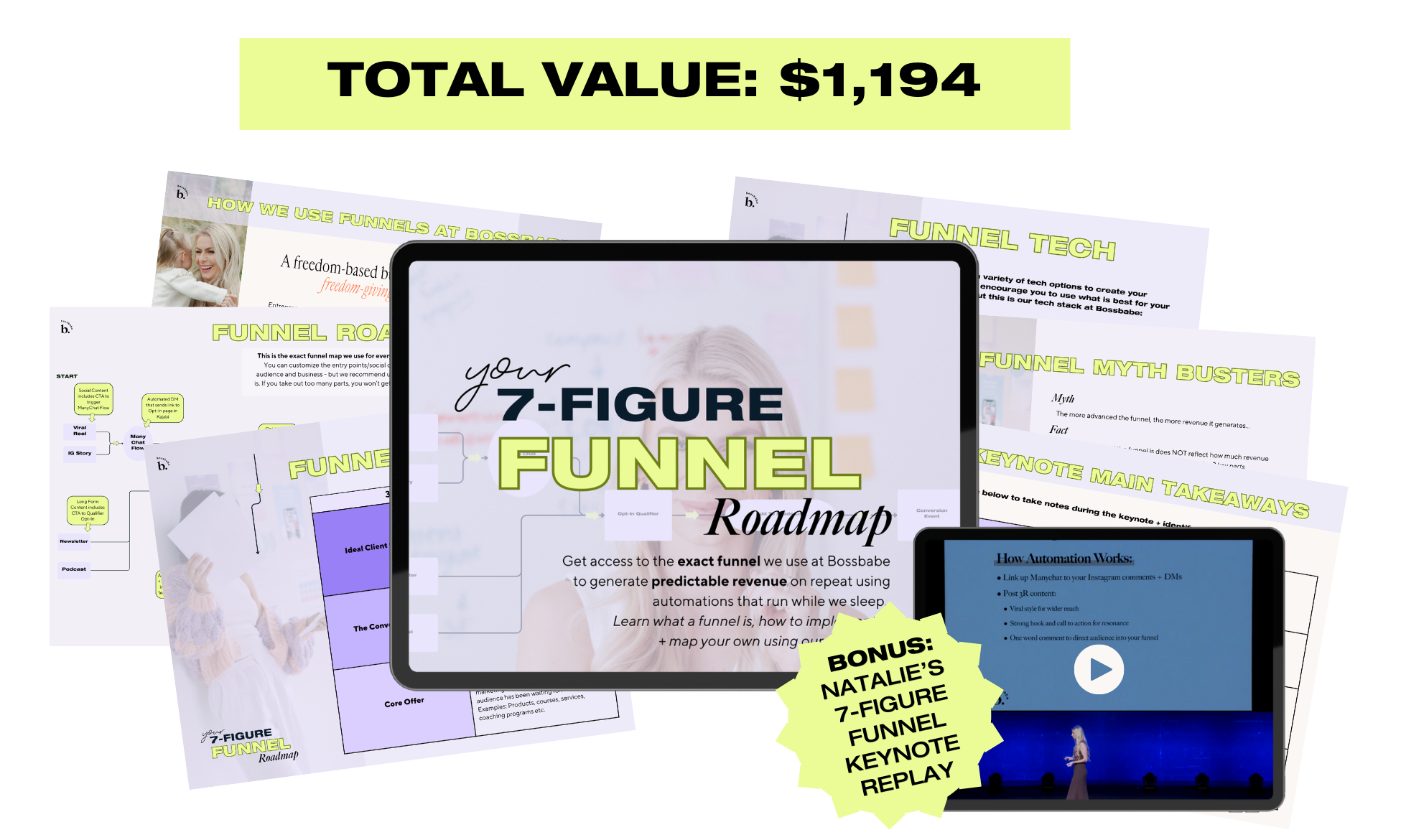 7-Figure Funnel Roadmap workbook, tech stack guide, funnel template, and bonus keynote video replay